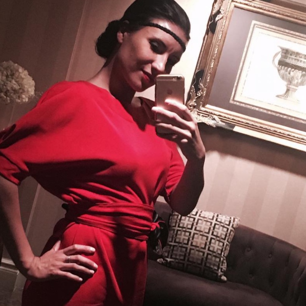 ❤️Gatsby Party Red Belted Mini Dress Lantern Sleeve Size S Hand Crafted